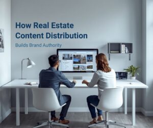Real estate firm principal reviewing content distribution strategy at a modern office desk
