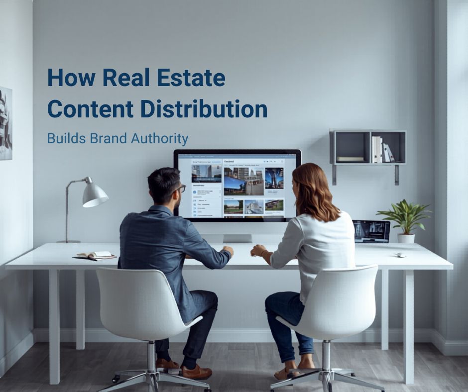 Real estate firm principal reviewing content distribution strategy at a modern office desk