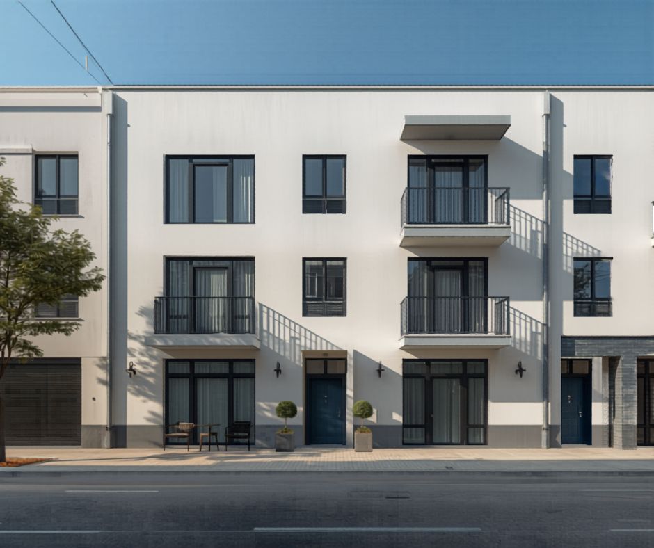 Modern residential development exterior representing a real estate firm with strong work that lacks consistent brand visibility
